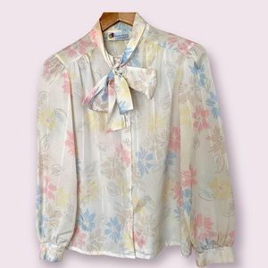 Vintage Pastel Floral Satin Semi Sheer Pussybow Balloon Sleeve Blouse Size M